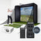 A golfer swinging in a PlayBetter SimStudio home golf simulator with a projector and Foresight Sports launch monitor and a GC3 in a protective metal case in the foreground with a "Players Plus" badge in the front lower right corner